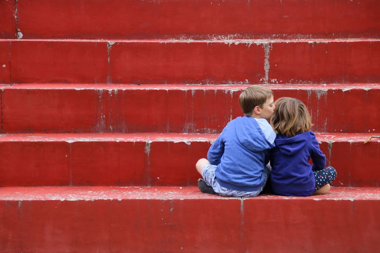 Rear view of siblings sitting on steps