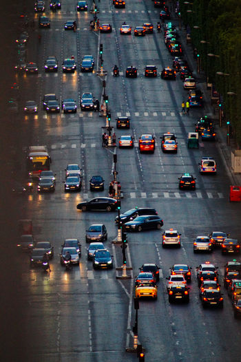 High angle view of cars on road during sunset