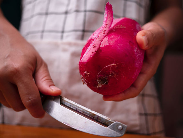 Midsection of person holding beetroot