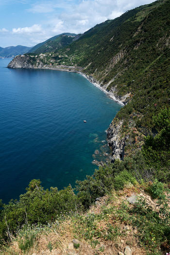 High angle view of bay against mountain