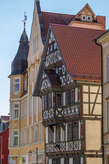 Facades of historic half-timbered houses in the thuringian city meiningen on a sunny day in summer