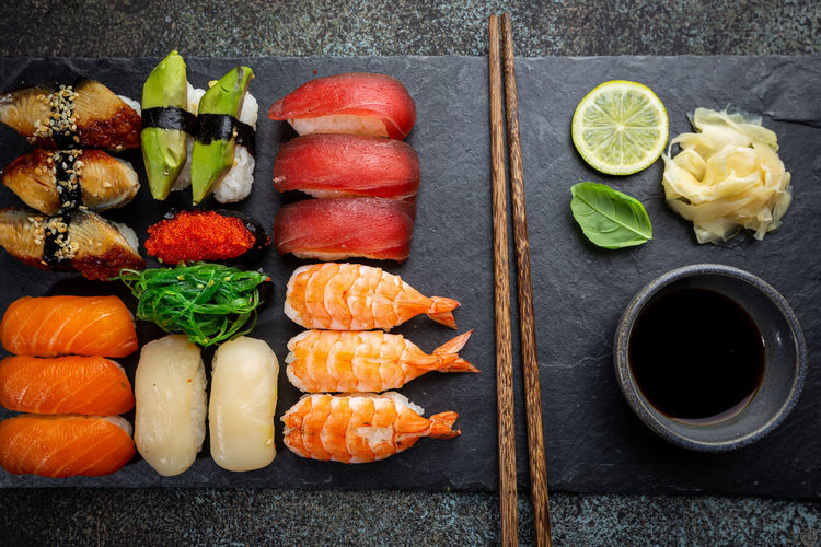 High angle view of sushi on table