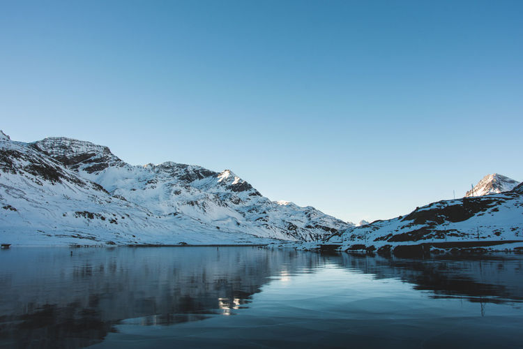 Scenic view of lake and mountains against clear blue sky