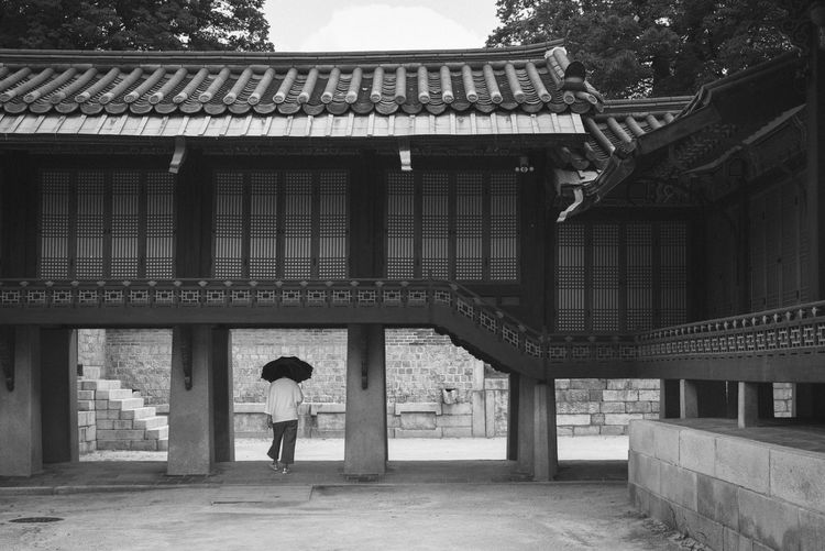 Rear view of man with umbrella walking by building