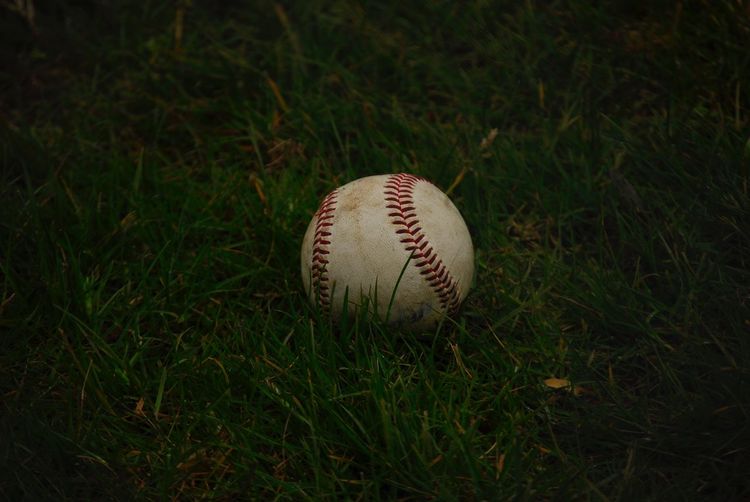 Close-up of baseball on grass