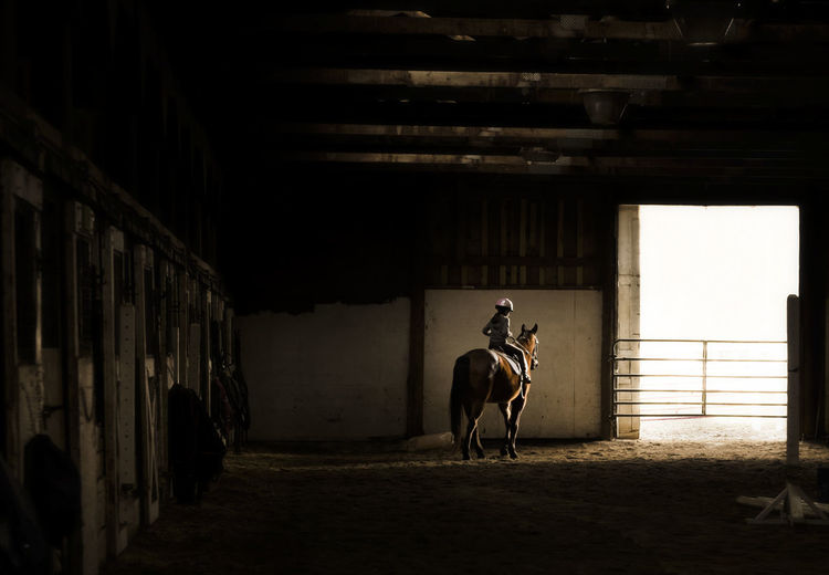 Carefree girl horseback riding at stable
