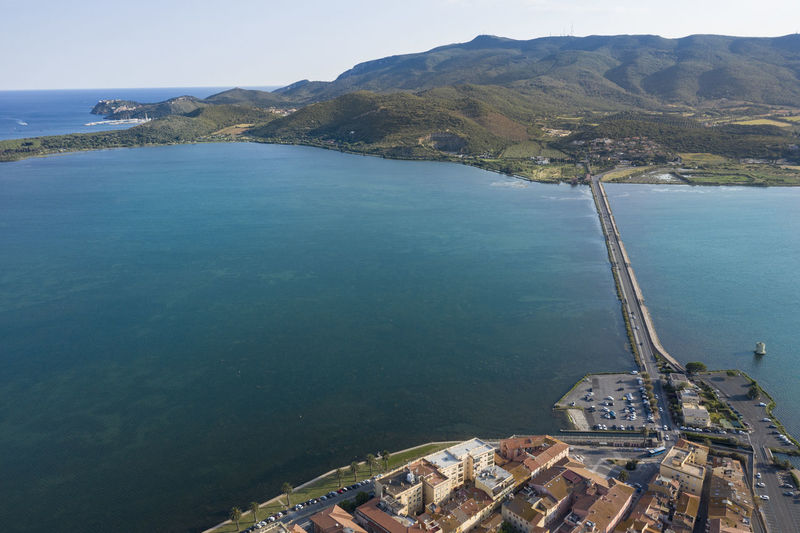 Aerial view of orbetello eastern lagoon porto ercole and monte argentario in the tuscan maremma