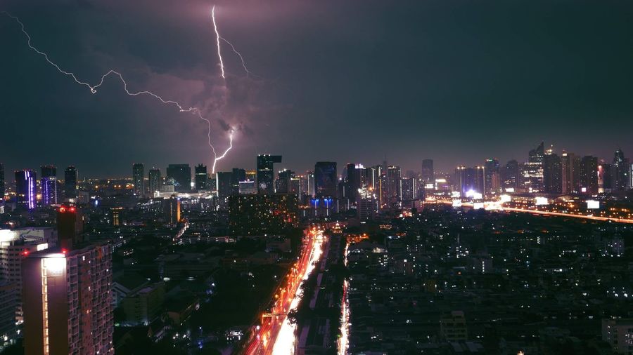 Panoramic shot of illuminated city against sky at night