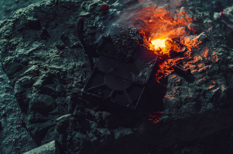 Extinguishing hearth. burnt objects. ashes of hearth.