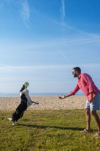 Bearded man playing with dog at beach in sunny day