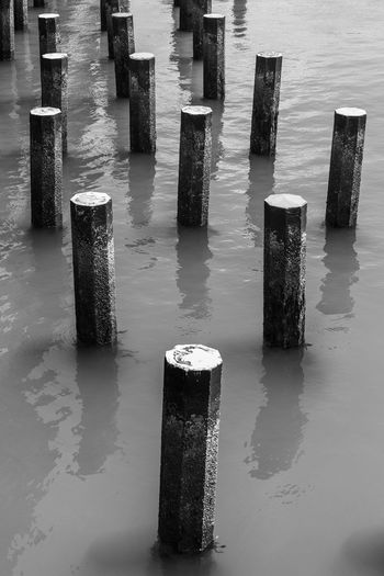 High angle view of wooden posts in lake