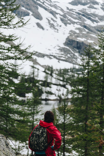 Rear view of backpacker standing against snowcapped mountain