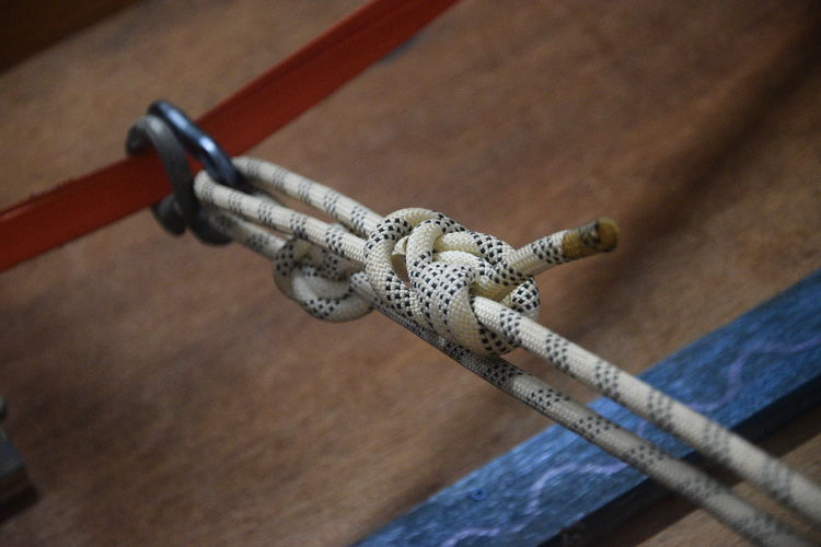 Close-up of knotted figure eight kernmantel rope