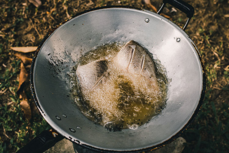 Close-up of fish frying in frying pan