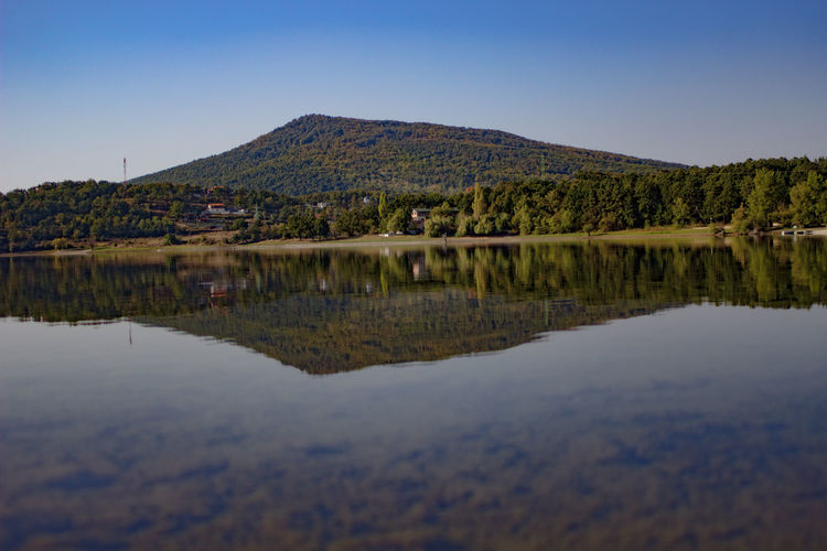 Scenic view of lake and mountains against clear sky