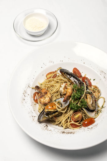 High angle view of food in plate on table