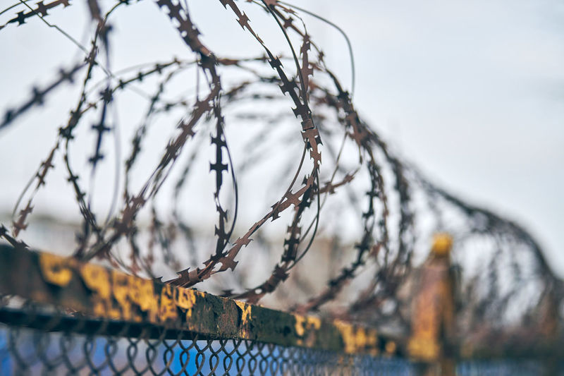 Barbed wire on fence of restricted area. no unauthorized entry. old fence of military border