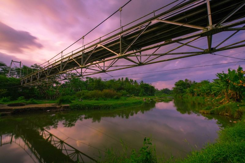 Bridge over river against sky at sunset