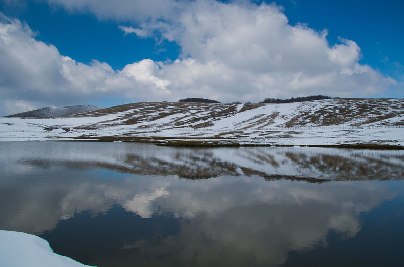 Scenic view of lake against sky during winter