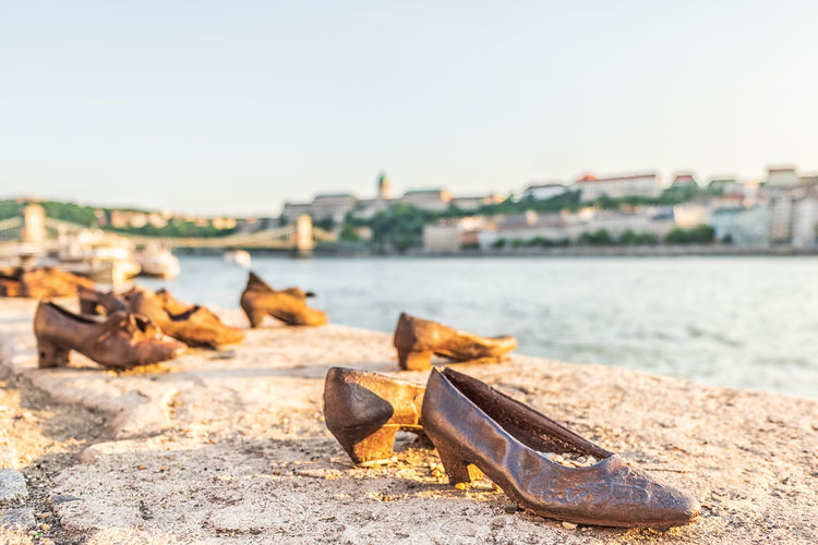High angle view of shoes on beach against clear sky