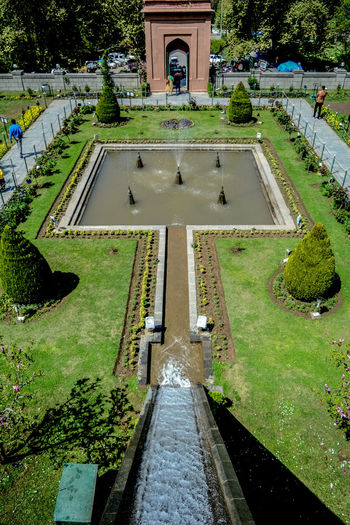 High angle view of fountain in garden