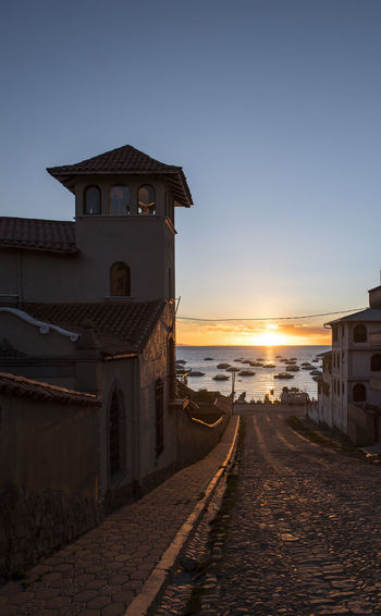 Sunset at lake titicaca viewed from copacabana, bolivia