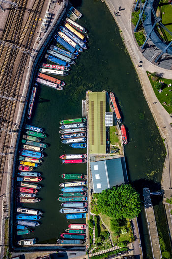 Top view of st.pancras basin - london - narrowboats resting in the river - king cross - st.pancras