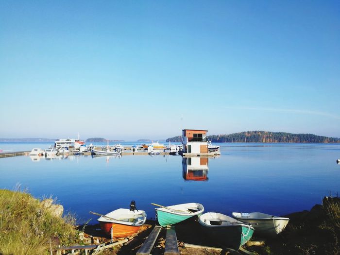 Scenic view of lake against clear blue sky