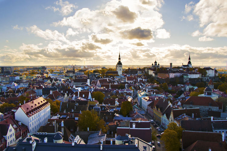 City view of building roofs, architecture and history landmarks in tallinn