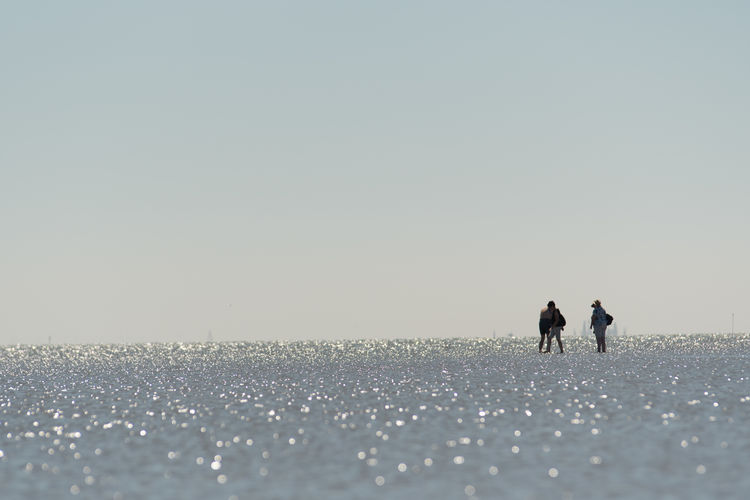 People walking on mudflat beach against clear sky