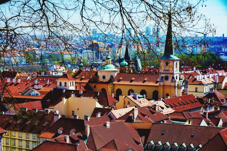 High angle view of houses in city