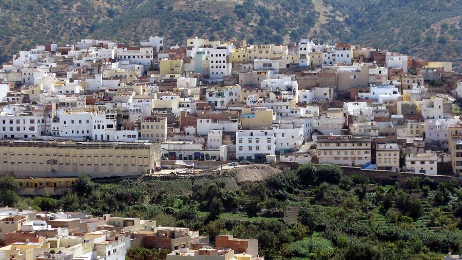 High angle view of houses in town