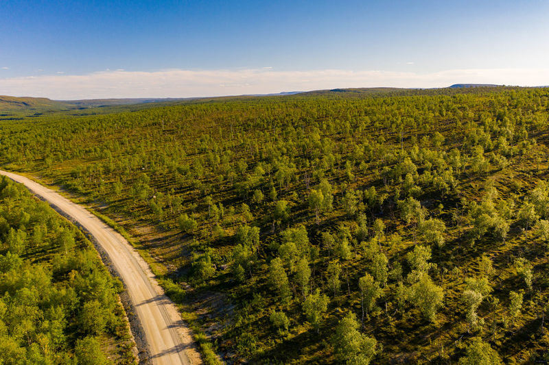 Aerial view of a dirt road surrounded by forest in nuorgam, finnish lapland