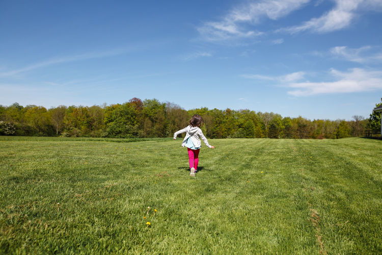 A happy little girl in bright clothing runs through a field in spring