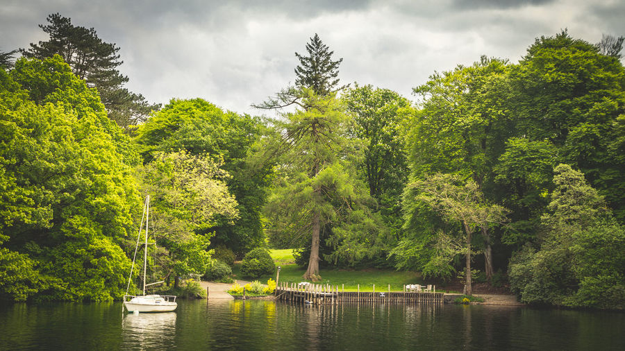 Sailboat moored on river by trees against cloudy sky