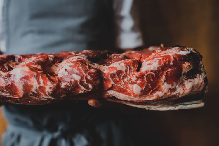 Midsection of person holding meat at home