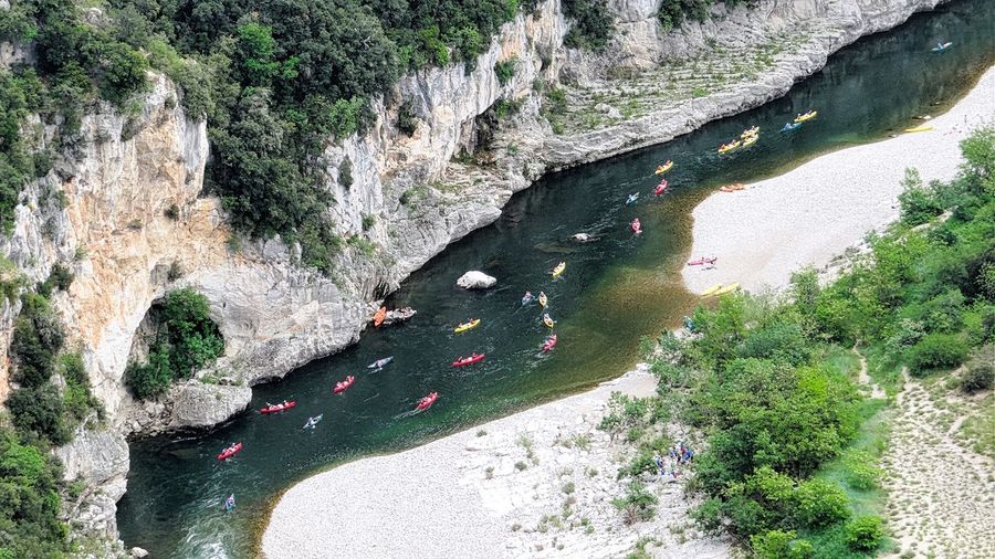High angle view of kayaks in river