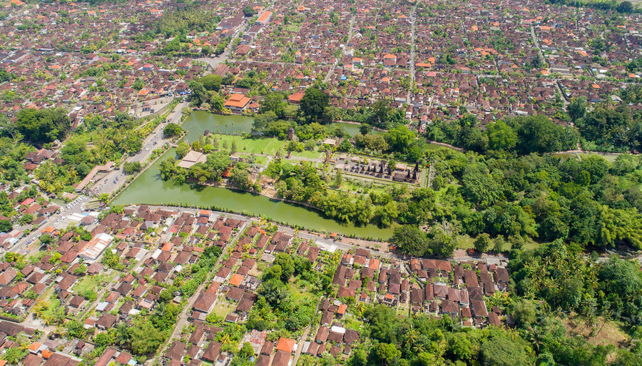 High angle view of trees and townscape