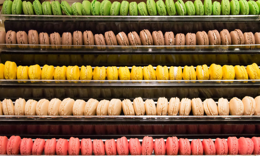 Full frame shot of colorful macaroons for sale in shelves