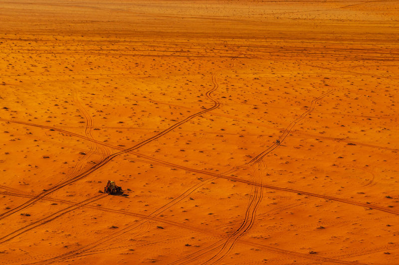 High angle view of earthmover on desert