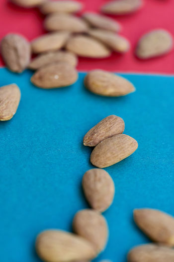 Close-up of almonds against two tone background