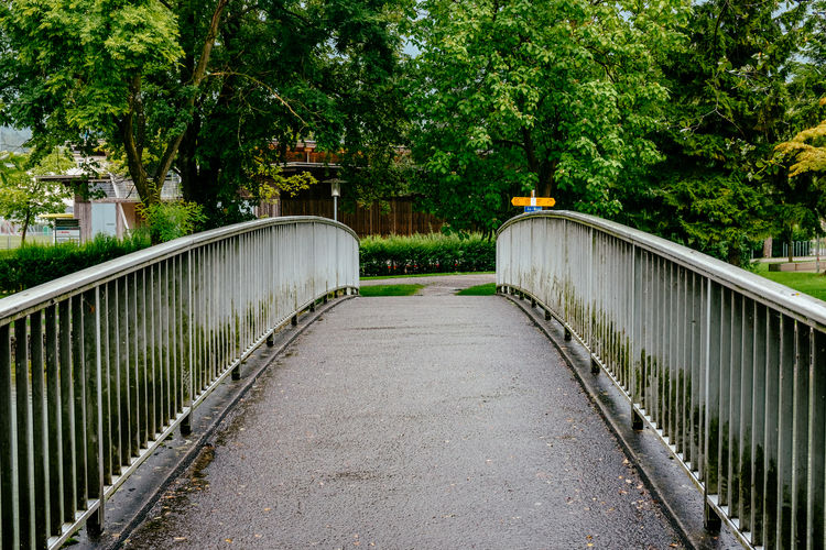 Empty footbridge against trees