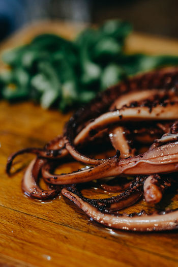 Close-up of octopus on plate on table
