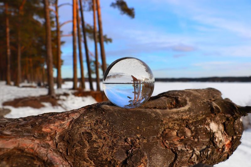 Close-up of crystal ball with reflection of snow covered field 