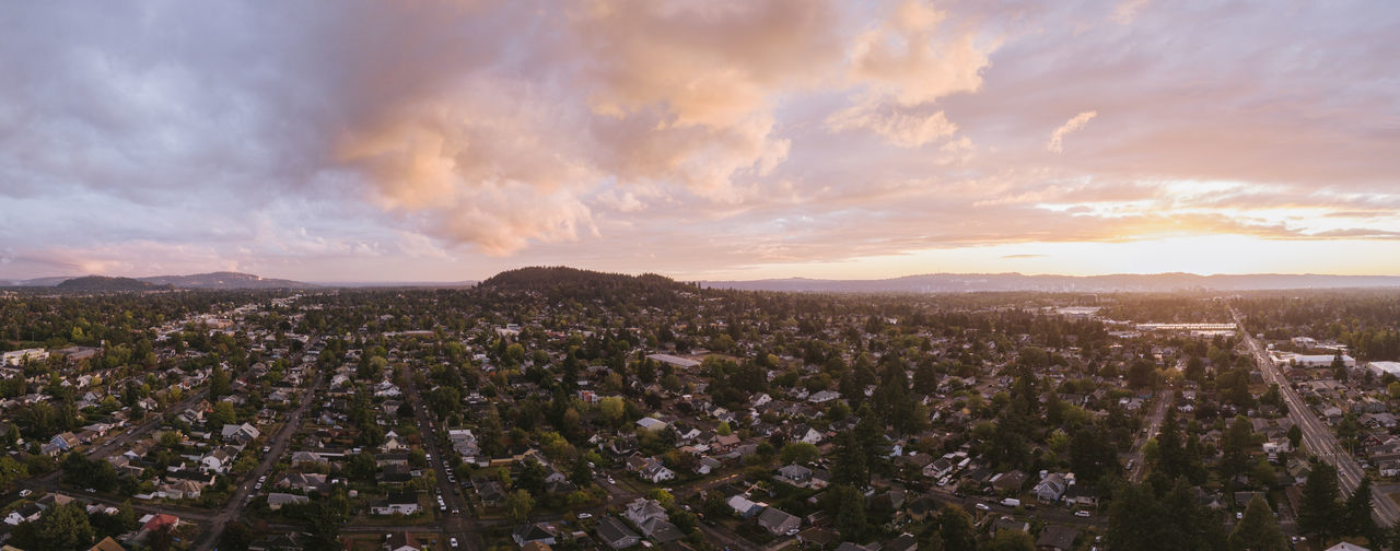 Aerial view of portland. or neighborhood at sunset