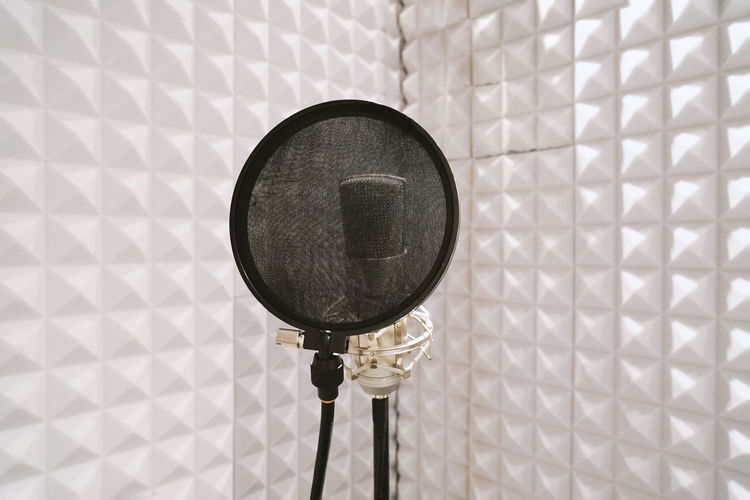 Microphone with pop filter on mic stand in soundproof isolation booth at sound studio