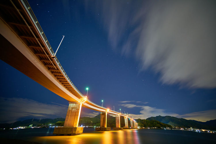 Low angle view of illuminated bridge against sky at night