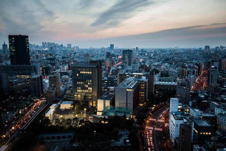 High angle view of tokyo at dusk