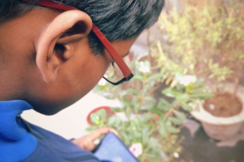 Close-up of boy using mobile phone against plants