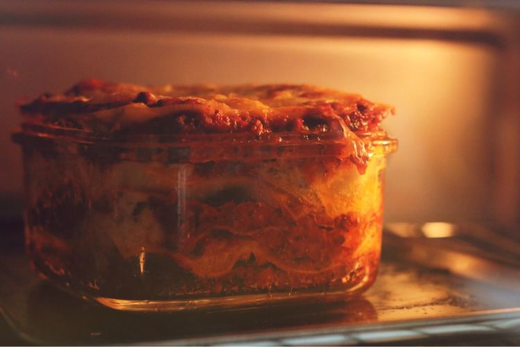 Close-up of lasagna in oven